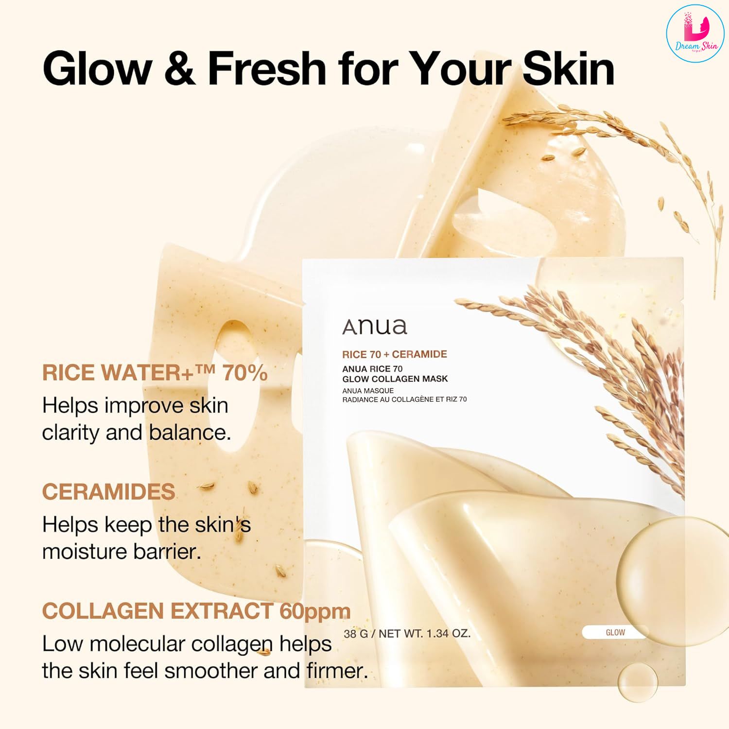 ANUA Rice 70 Glow Collagen Mask (38g)